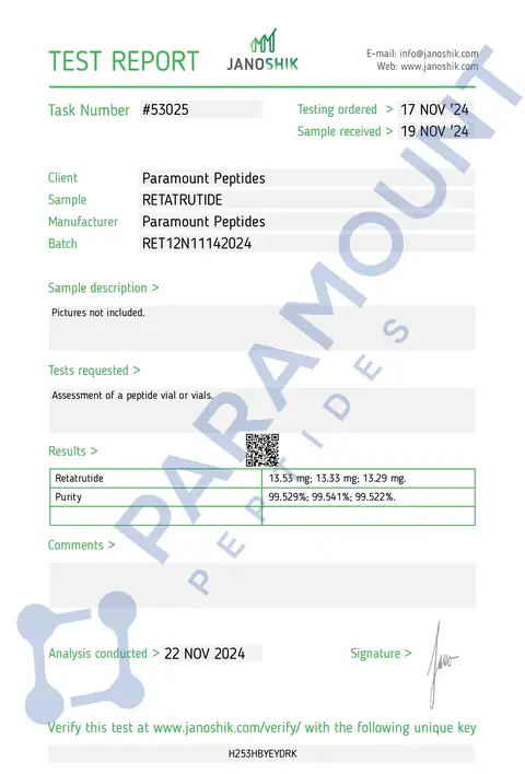Page 1 of the certificate of analysis for GLP-3 R - 12mg lot RET12N11142024 (Janoshik)