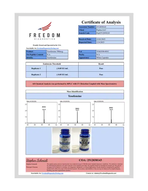 Page 1 of the certificate of analysis for Tesofensine Caps 500 mg 60ct lot TESO500-001C (Freedom Diagnostics)