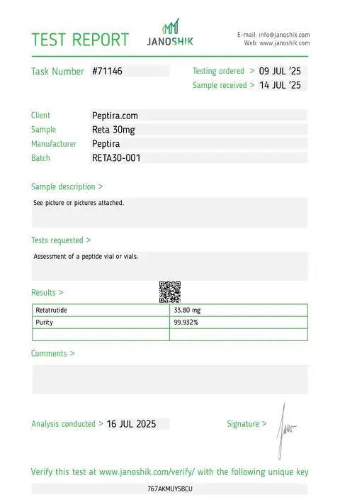 Page 1 of the certificate of analysis for RETA-3 Vial 30 mg lot RETA30-001 (Janoshik)