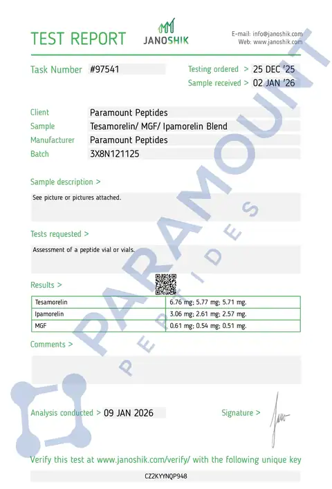 Page 1 of the certificate of analysis for 3X Blend Tesamorelin (5mg) / MGF (500mcg) / Ipamorelin (2.5mg) Research Blend lot 3X8N121125 (Janoshik)