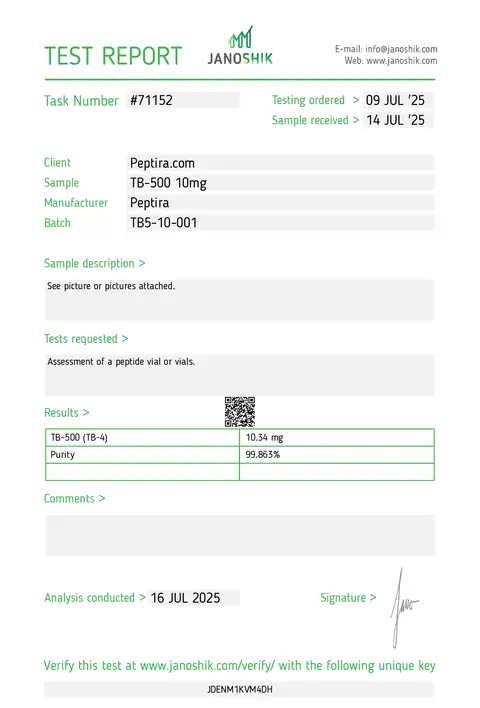 Page 1 of the certificate of analysis for TB-500 Vial 10 mg lot TB5-10-001 (Janoshik)
