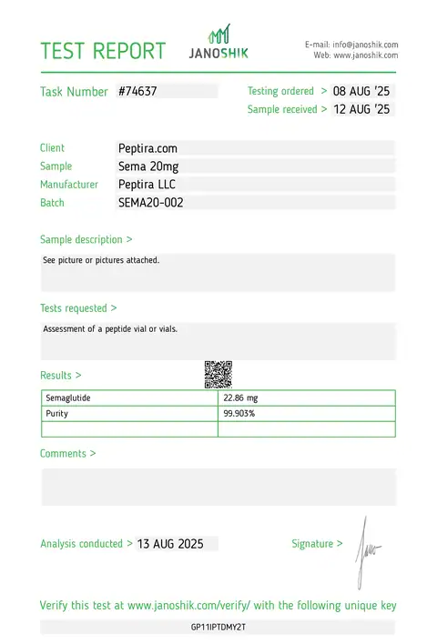 Page 1 of the certificate of analysis for SEMA-1 Vial 20 mg lot SEMA20-002 (Janoshik)