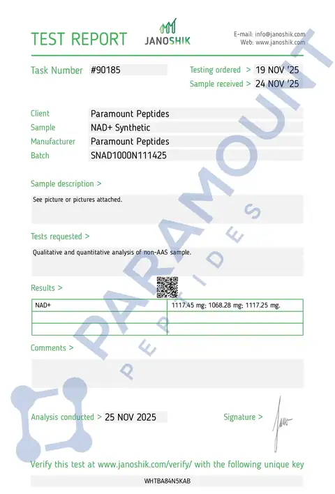 Page 1 of the certificate of analysis for NAD+ (1000mg) Synthetic (6ml Vial) lot SNAD1000N111425 (Janoshik)