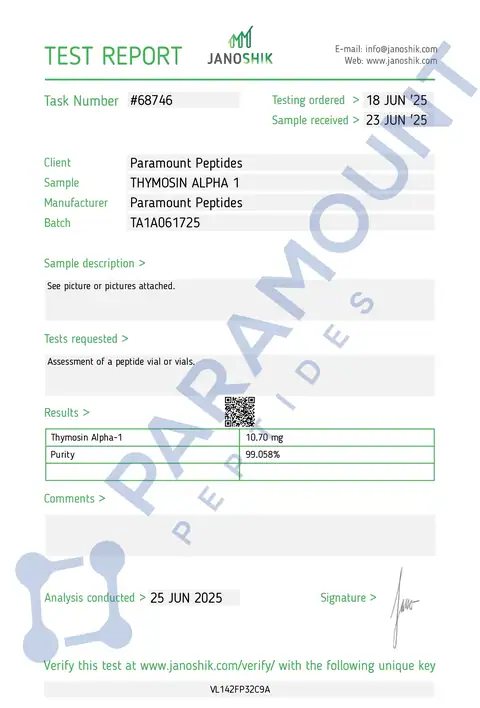 Page 1 of the certificate of analysis for Thymosin Alpha 1 (TA1) (10mg) lot TA1A061725 (Janoshik)
