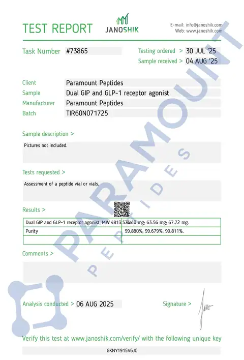 Page 1 of the certificate of analysis for GLP-2 T - 60mg lot TIR60N071725 (Janoshik)