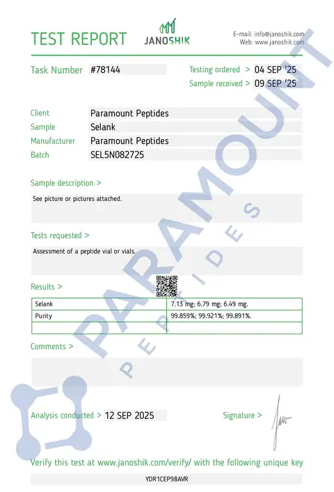 Page 1 of the certificate of analysis for Selank (5mg) lot SEL5N082725 (Janoshik)