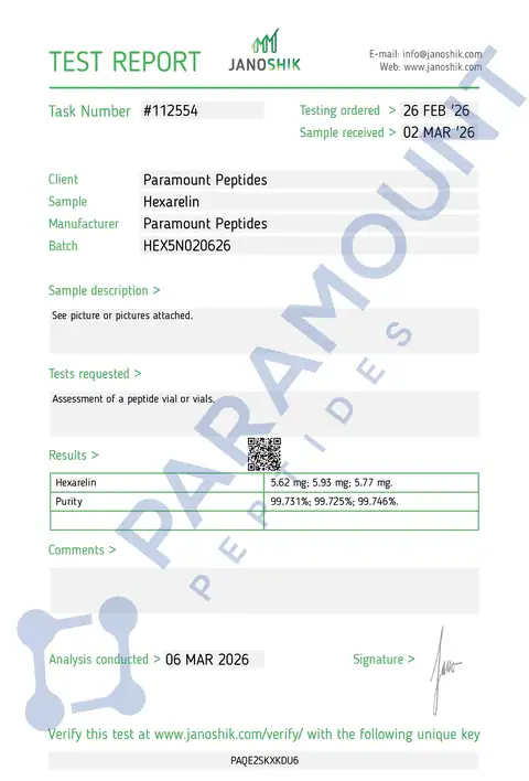 Page 1 of the certificate of analysis for Hexarelin (5mg) lot HEX5N020626 (Janoshik)