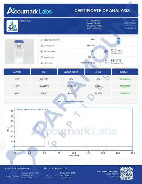 Page 1 of the certificate of analysis for KPV (10mg) lot KPV10N061626 (Accumark Labs)