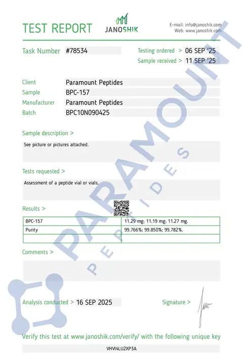 Page 1 of the certificate of analysis for BPC-157 (10mg) lot BPC10N090425 (Janoshik)