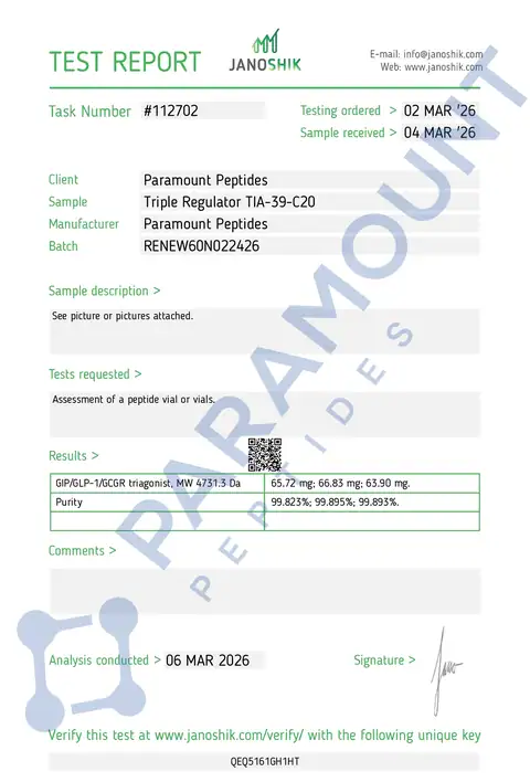 Page 1 of the certificate of analysis for GLP-3 R - 60mg lot RENEW60N022426 (Janoshik)