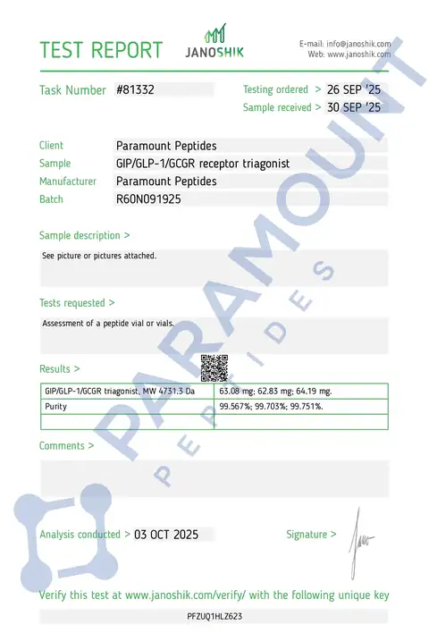 Page 1 of the certificate of analysis for GLP-3 R - 60mg lot R60N091925 (Janoshik)