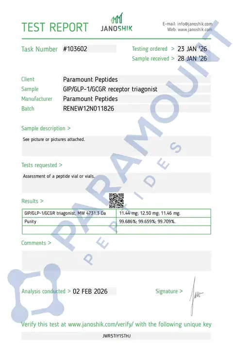 Page 1 of the certificate of analysis for GLP-3 R - 10mg lot RENEW12N011826 (Janoshik)