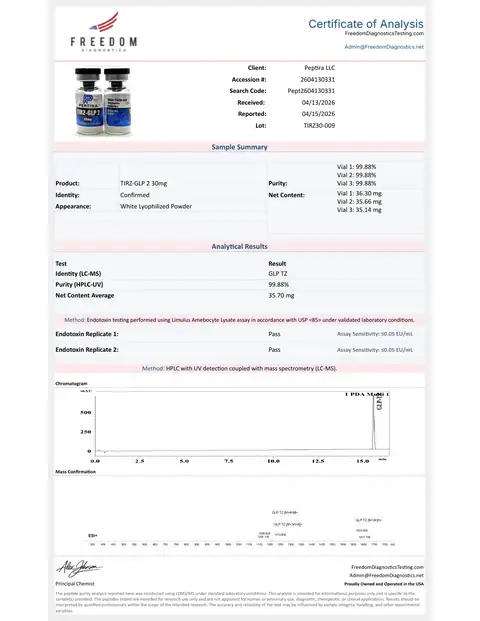 Page 1 of the certificate of analysis for TIRZ-2 Vial 30 mg lot TIRZ30-009 (Freedom Diagnostics)