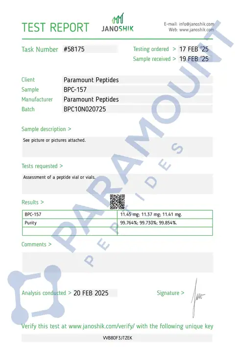 Page 1 of the certificate of analysis for BPC-157 (10mg) lot BPC10N020725 (Janoshik)