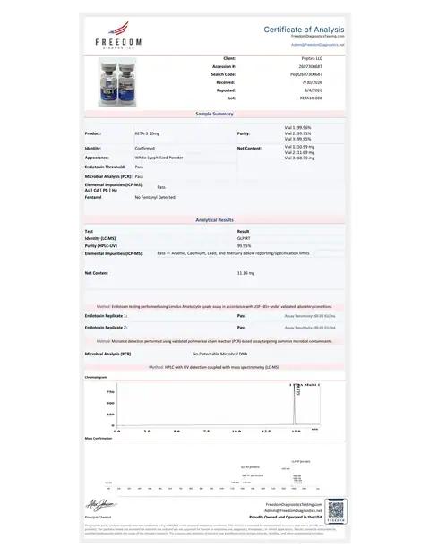 Page 1 of the certificate of analysis for RETA-3 Vial 10 mg lot RETA10-008 (Freedom Diagnostics)