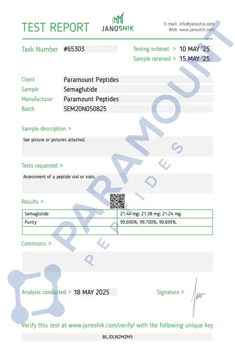Page 1 of the certificate of analysis for GLP-1 S - 20mg lot SEM20N050825 (Janoshik)