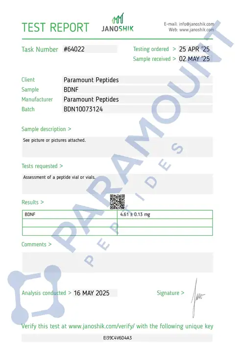 Page 1 of the certificate of analysis for P21 / BDNF (Brain-derived neurotrophic factor) (10mg) lot BDN10073124 (Janoshik)