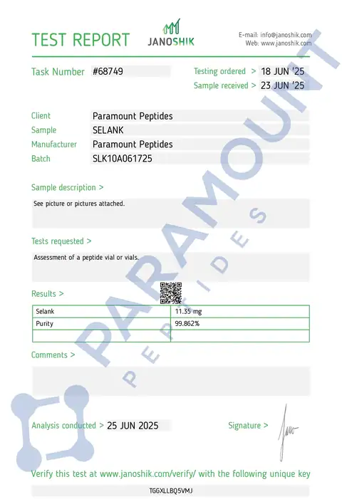 Page 1 of the certificate of analysis for Selank (10mg) lot SLK10A061725 (Janoshik)
