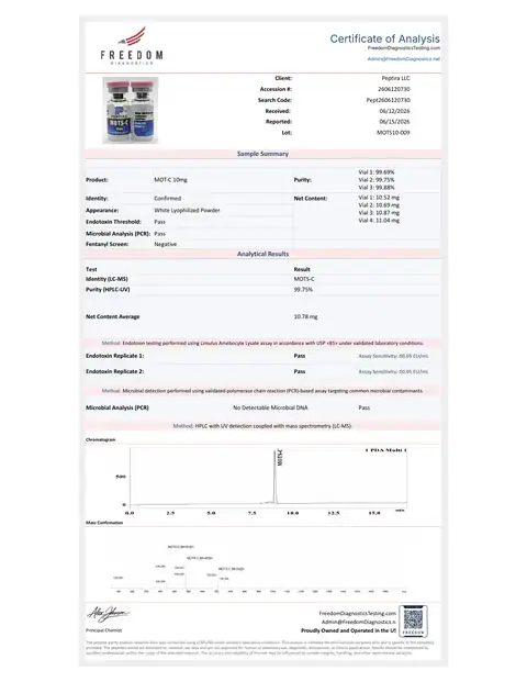 Page 1 of the certificate of analysis for MOTS-C Vial 10 mg lot MOTS10-009 (Freedom Diagnostics)