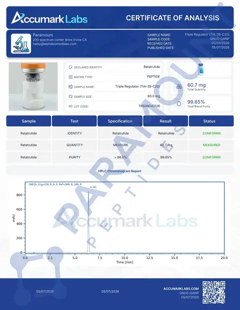 Page 1 of the certificate of analysis for GLP-3 R - 60mg lot TR60N042126 (Accumark Labs)