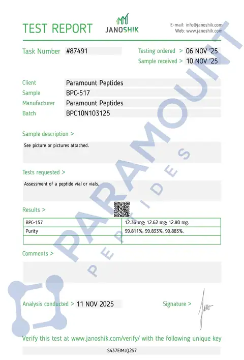 Page 1 of the certificate of analysis for BPC-157 (10mg) lot BPC10N103125 (Janoshik)