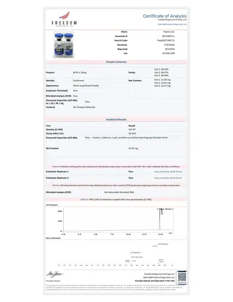 Page 1 of the certificate of analysis for RETA-3 Vial 20 mg lot RETA20-008 (Freedom Diagnostics)