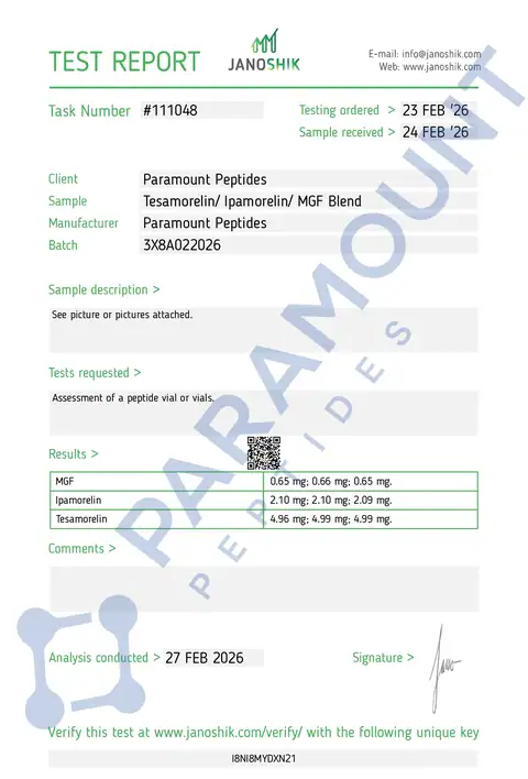 Page 1 of the certificate of analysis for 3X Blend Tesamorelin (5mg) / MGF (500mcg) / Ipamorelin (2.5mg) Research Blend lot 3X8A022026 (Janoshik)