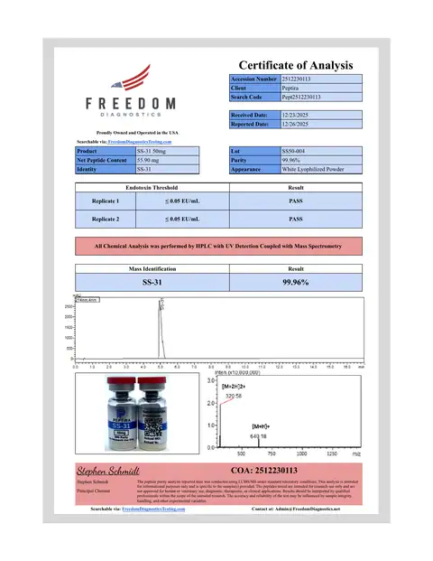Page 1 of the certificate of analysis for SS-31 Vial 50 mg lot SS50-004 (Freedom Diagnostics)