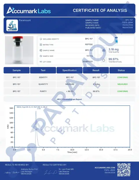 Page 1 of the certificate of analysis for BPC-157 (5mg) lot 26VBPC031 (Accumark Labs)
