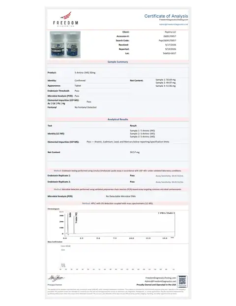 Page 1 of the certificate of analysis for 5-Amino 1MQ Tablets 50 mg 60ct lot 5AM50-001T (Freedom Diagnostics)
