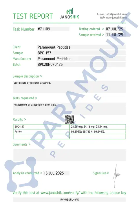 Page 1 of the certificate of analysis for BPC-157 (20mg) lot BPC20N070125 (Janoshik)
