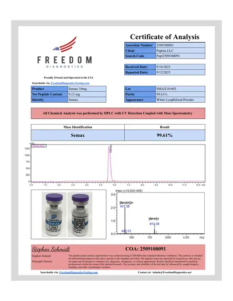 Page 1 of the certificate of analysis for Semax Vial 10 mg lot SMAX10-003 (Freedom Diagnostics)