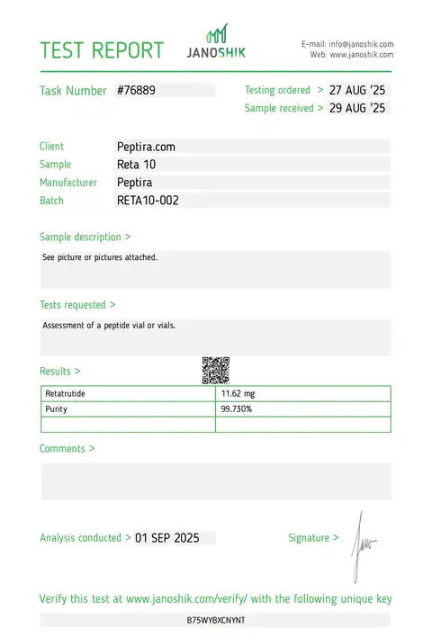 Page 1 of the certificate of analysis for RETA-3 Vial 10 mg lot RETA10-002 (Janoshik)