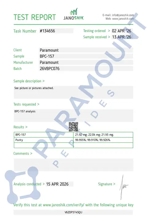 Page 1 of the certificate of analysis for BPC-157 (20mg) lot 26VBPCO76 (Janoshik)