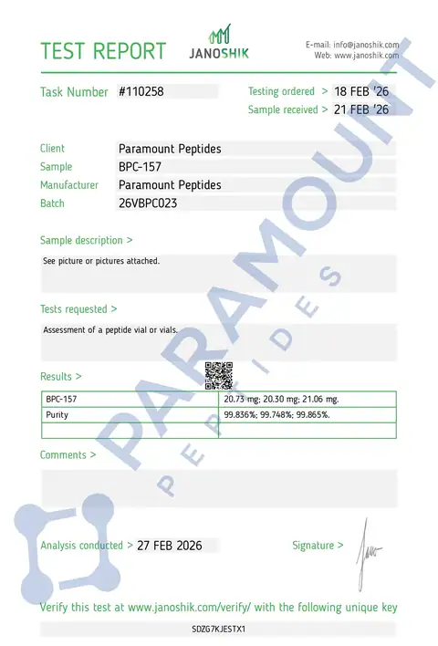 Page 1 of the certificate of analysis for BPC-157 (20mg) lot 26VBPC023 (Janoshik)