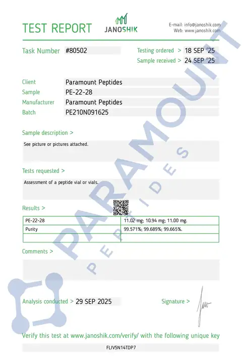 Page 1 of the certificate of analysis for PE-22-28 (10mg) lot PE210N091625 (Janoshik)