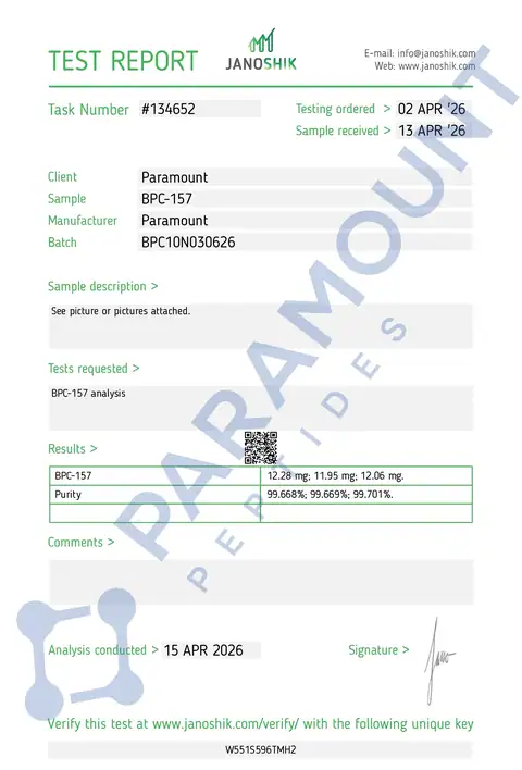 Page 1 of the certificate of analysis for BPC-157 (10mg) lot BPC10N030626 (Janoshik)
