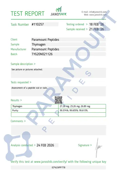 Page 1 of the certificate of analysis for Thymagen (Thymogen) (20mg) lot TYG20N021126 (Janoshik)