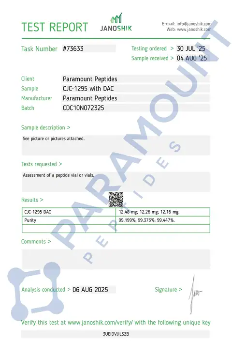 Page 1 of the certificate of analysis for CJC-1295 - With DAC (10mg) lot CDC10N072325 (Janoshik)