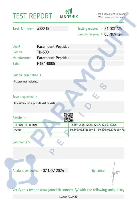 Page 1 of the certificate of analysis for Thymosin Beta 4 (TB500) (10mg) lot HTB4-0005 (Janoshik)