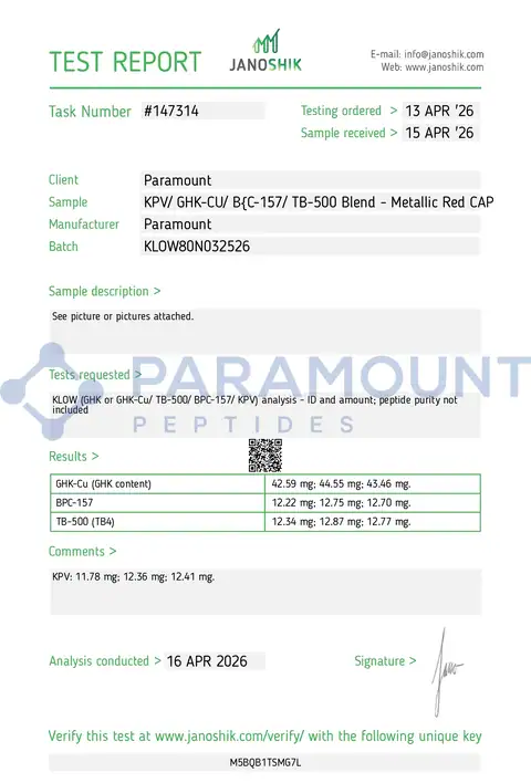 Page 1 of the certificate of analysis for KLOW - GHK-Cu (50mg) / KPV (10mg) / BPC-157 (10mg) / TB500 (10mg) lot KLOW80N032526 (Janoshik)