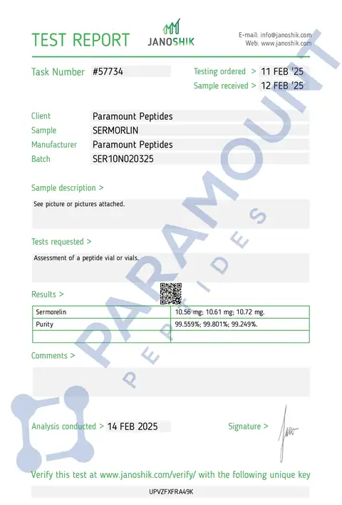 Page 1 of the certificate of analysis for Sermorelin (10mg) lot SER10N020325 (Janoshik)