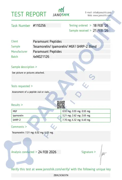 Page 1 of the certificate of analysis for 4X Blend GHRP-2 (5mg) / Tesamorelin (5mg) / MGF (500mcg) / Ipamorelin (2.5mg) lot 4xN021126 (Janoshik)