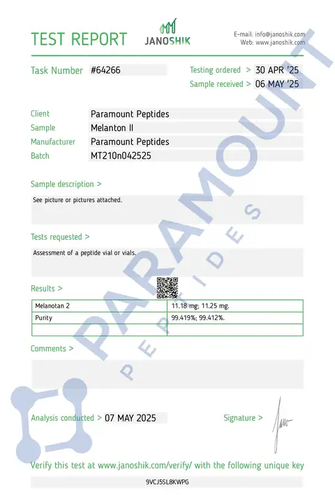 Page 1 of the certificate of analysis for MT-II (Melanotan II) (10mg) lot MT210n042525 (Janoshik)