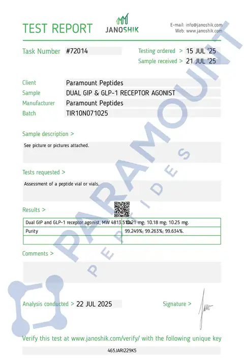 Page 1 of the certificate of analysis for GLP-2 T - 10mg lot TIR10N071025 (Janoshik)