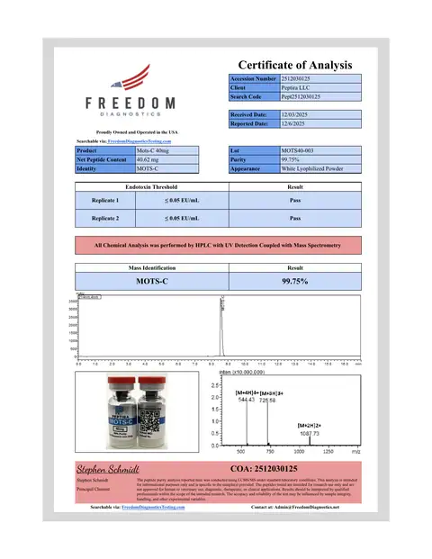 Page 1 of the certificate of analysis for MOTS-C Vial 40 mg lot MOTS40-003 (Freedom Diagnostics)