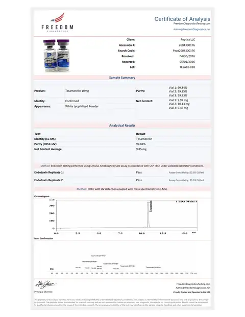 Page 1 of the certificate of analysis for TESAMORELIN Vial 10 mg lot TESA10-010 (Freedom Diagnostics)