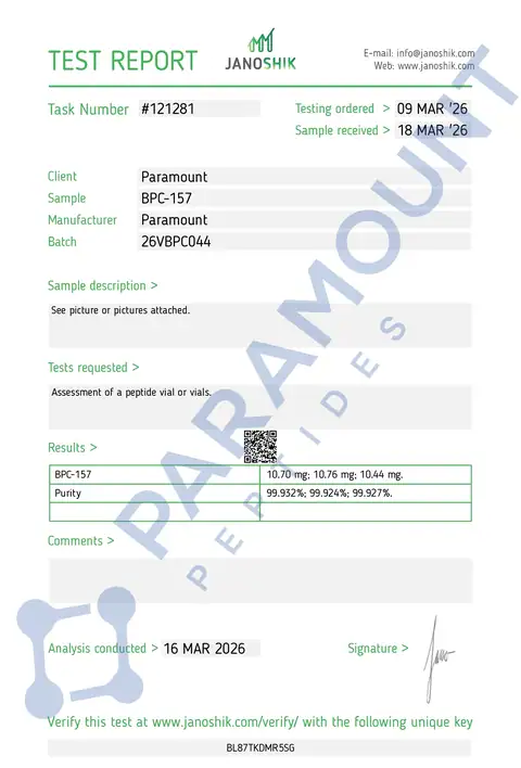 Page 1 of the certificate of analysis for BPC-157 (10mg) lot 26VBPCO44 (Janoshik)