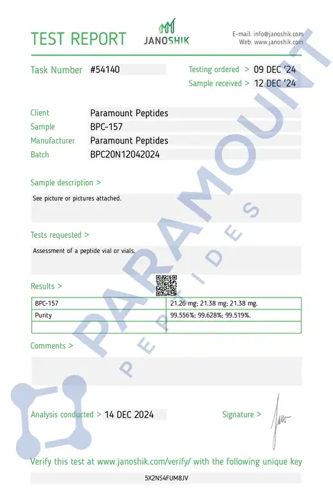 Page 1 of the certificate of analysis for BPC-157 (20mg) lot BPC20N12042024 (Janoshik)