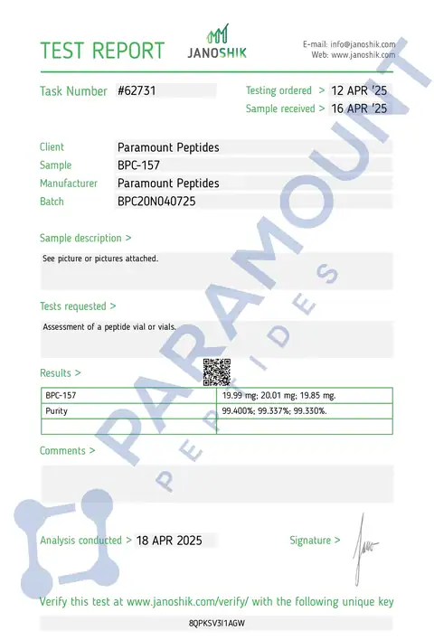 Page 1 of the certificate of analysis for BPC-157 (20mg) lot BPC20N040725 (Janoshik)
